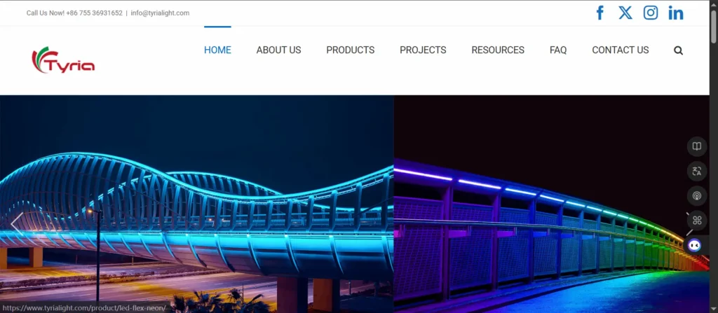 Night view of a futuristic pedestrian bridge lit with blue neon on the left and rainbow-colored lights on the right, split image used as a bold homepage hero.