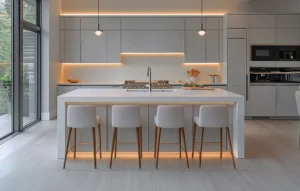 under-cabinet-led-lighting-modern-minimalist » led strip light Production R&D Manufacturer|NPHIS » led strip light Production R&D Manufacturer|NPHIS Minimalist modern kitchen with under cabinet LED lighting and hidden LED strips under cabinets, demonstrating how to hide LED strips under cabinets for clean, seamless kitchen design
