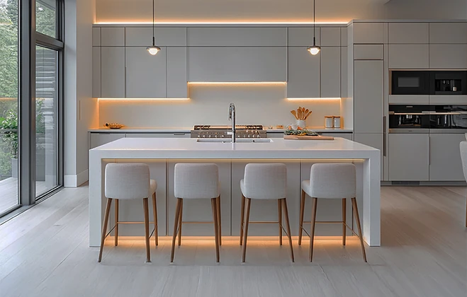 Minimalist modern kitchen with under cabinet LED lighting and hidden LED strips under cabinets, demonstrating how to hide LED strips under cabinets for clean, seamless kitchen design