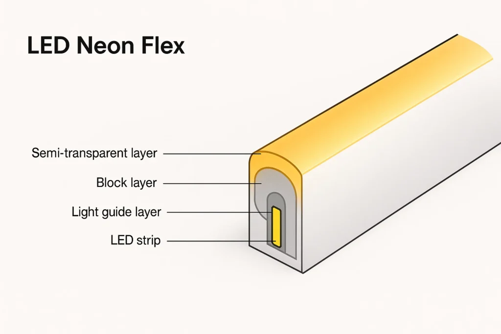 Side bend silicone LED neon flex internal structure diagram, silicone neon tube with light guide layer, block layer and LED strip, flexible commercial neon light construction illustration