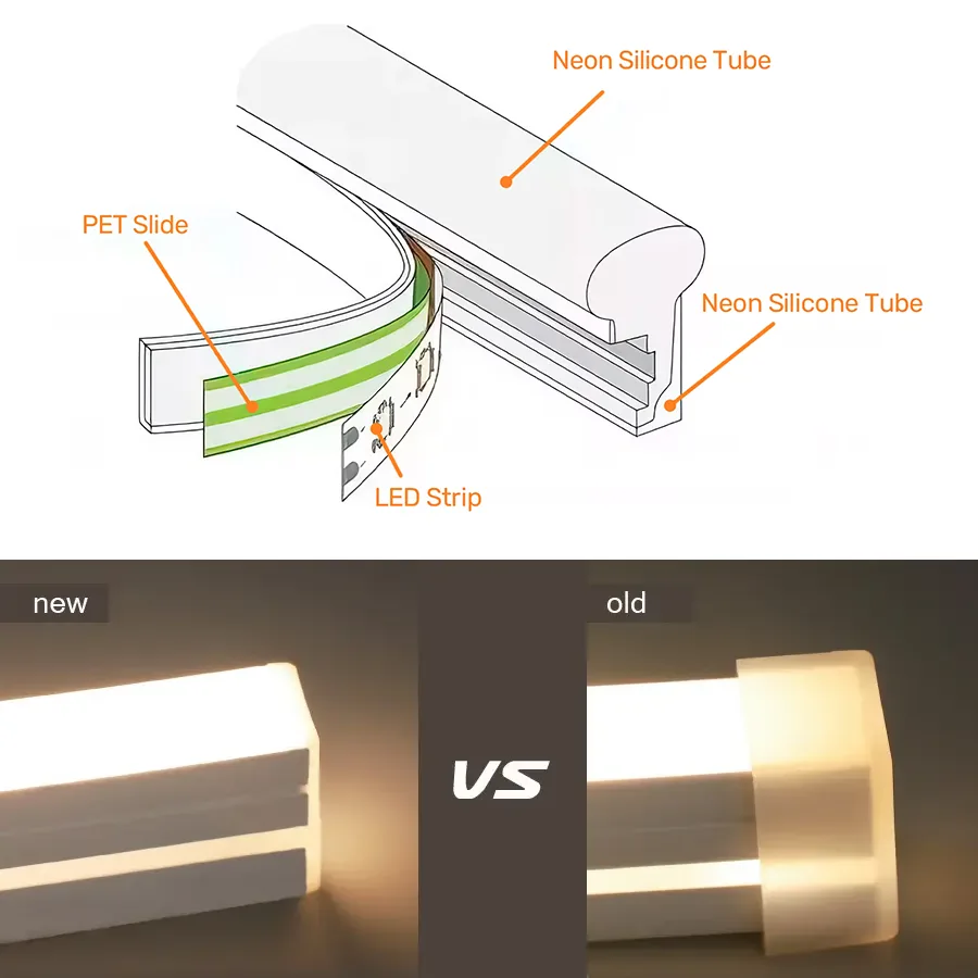 New vs old side bend silicone LED neon flex comparison, disassembled silicone neon tube with PET slide and LED strip, uniform lighting commercial neon strip upgrade display