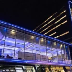 Modern architectural building outline lighting with blue LED neon flex