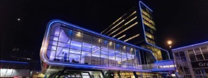 Modern architectural building outline lighting with blue LED neon flex