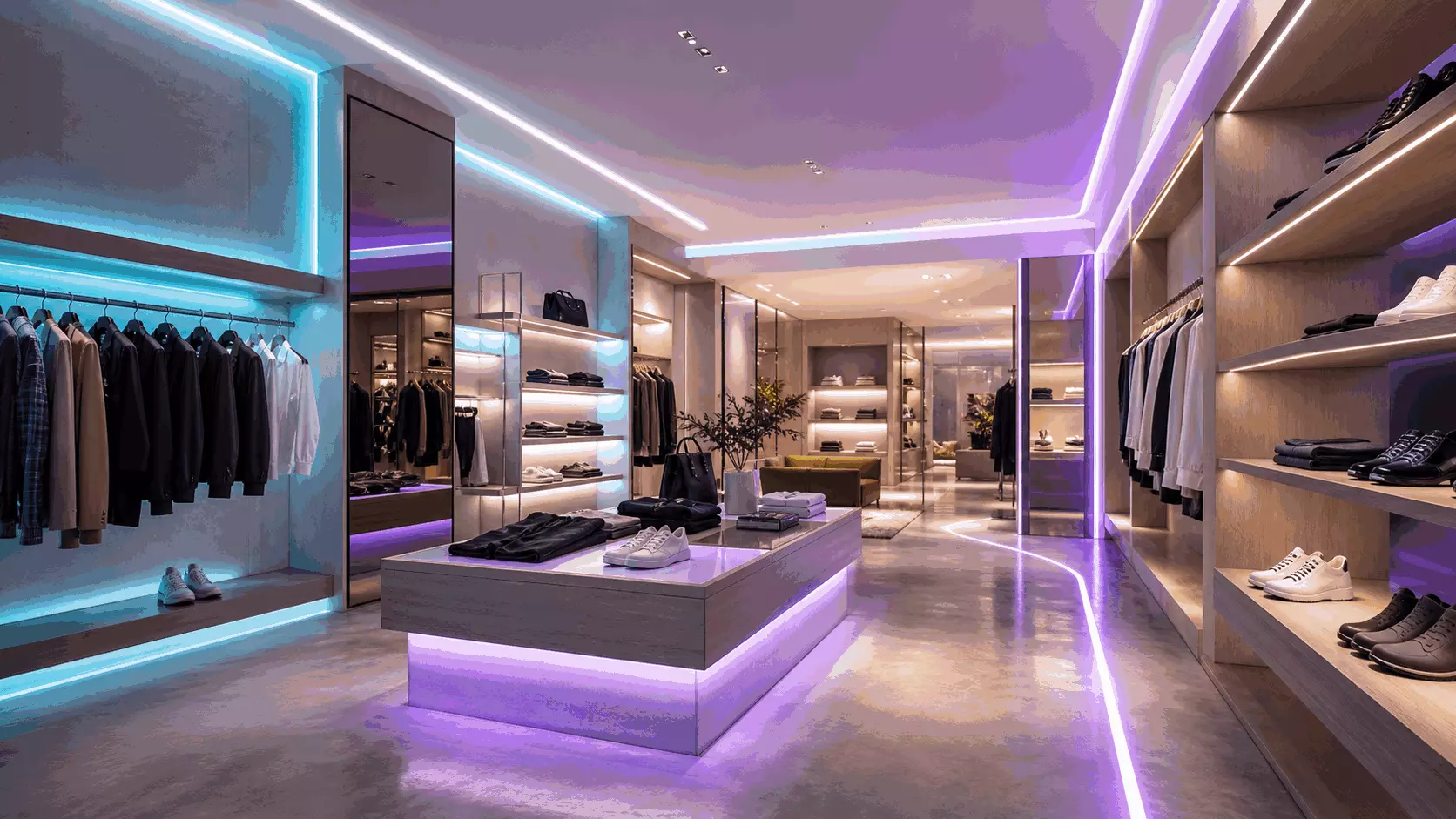 Premium clothing retail store interior design with ambient addressable RGBW neon flex shelf lighting