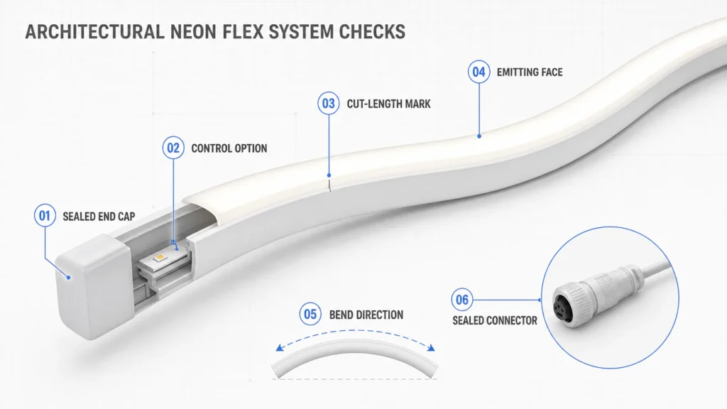 Architectural silicone neon flex system checks for sealed end caps, control options, cut marks, emitting face, bend direction and connectors.