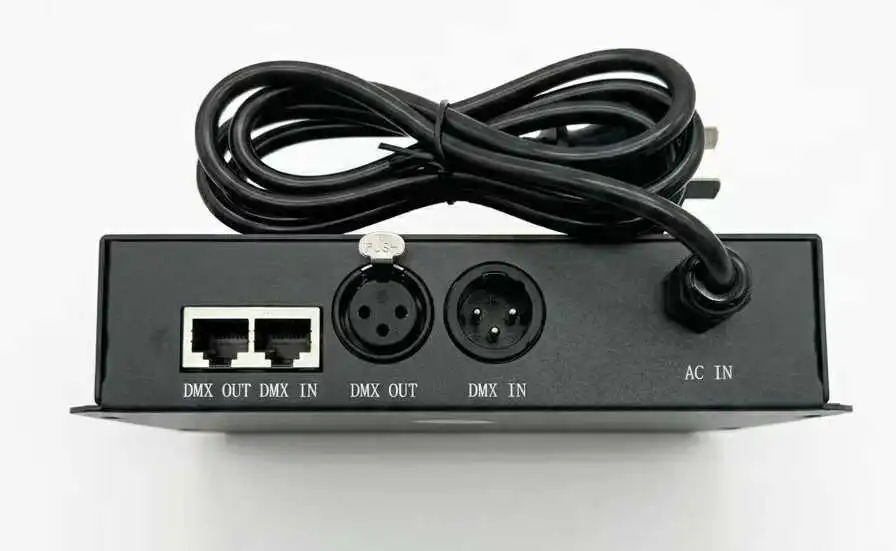 dmx-controller-xlr-rj45-input-output-ports » Custom LED Strip Lights Manufacturer | Silicone Neon Flex Supplier China » Custom LED Strip Lights Manufacturer | Silicone Neon Flex Supplier China Back panel of a DMX LED controller showing XLR and RJ45 DMX IN and OUT ports for standard DMX setups.