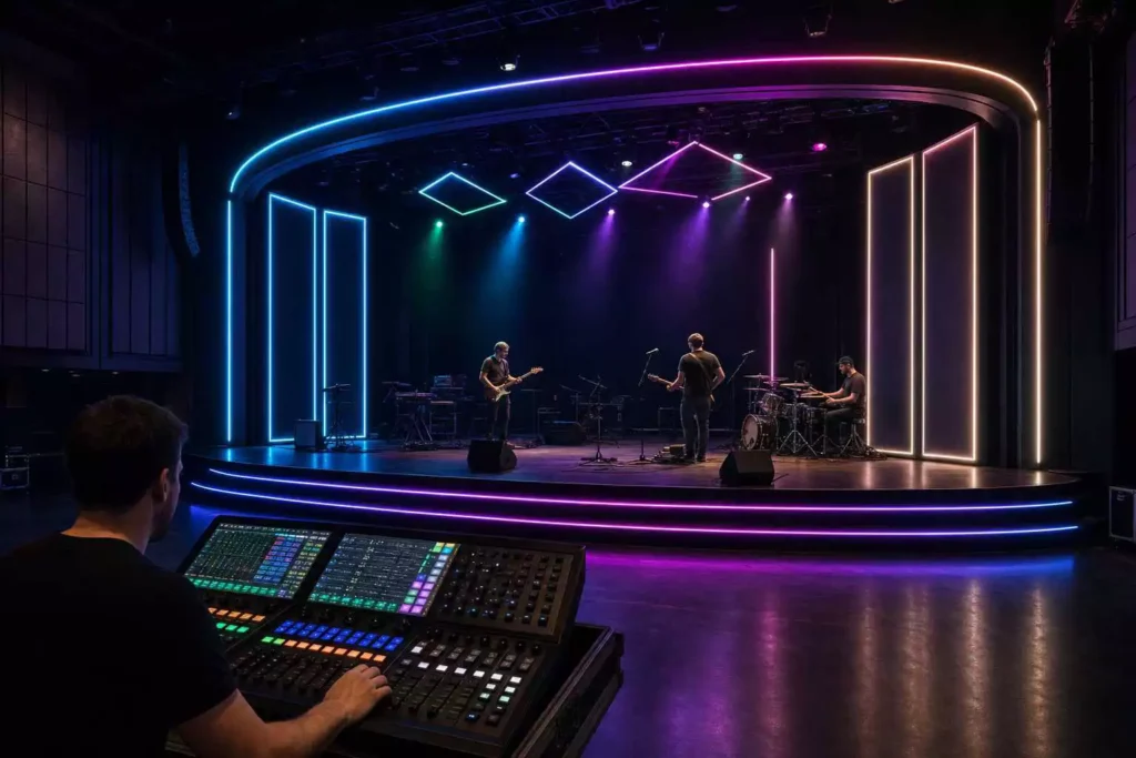 dmx-led-neon-flex-entertainment-lighting-stage-control » Custom LED Strip Lights Manufacturer | Silicone Neon Flex Supplier China » Custom LED Strip Lights Manufacturer | Silicone Neon Flex Supplier China DMX LED neon flex used for entertainment lighting on a stage, controlled by a lighting console for synchronized RGBW effects.
