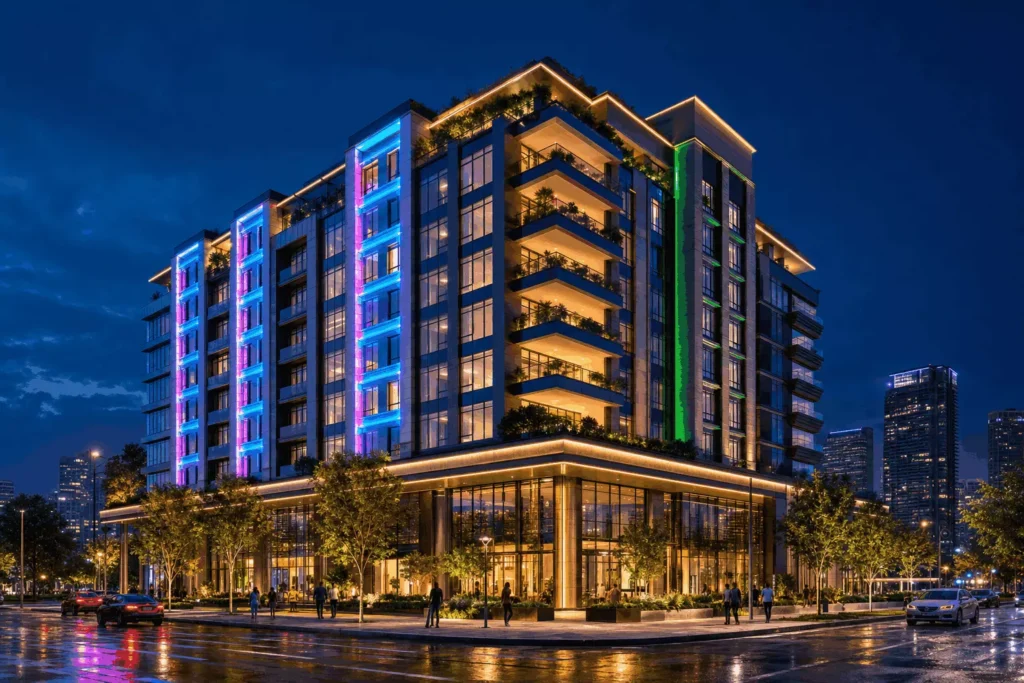 dmx512-neon-flex-commercial-building-facade-lighting » Custom LED Strip Lights Manufacturer | Silicone Neon Flex Supplier China » Custom LED Strip Lights Manufacturer | Silicone Neon Flex Supplier China DMX512 neon flex used on a commercial building facade for colorful RGBW lighting scenes and addressable architectural effects.