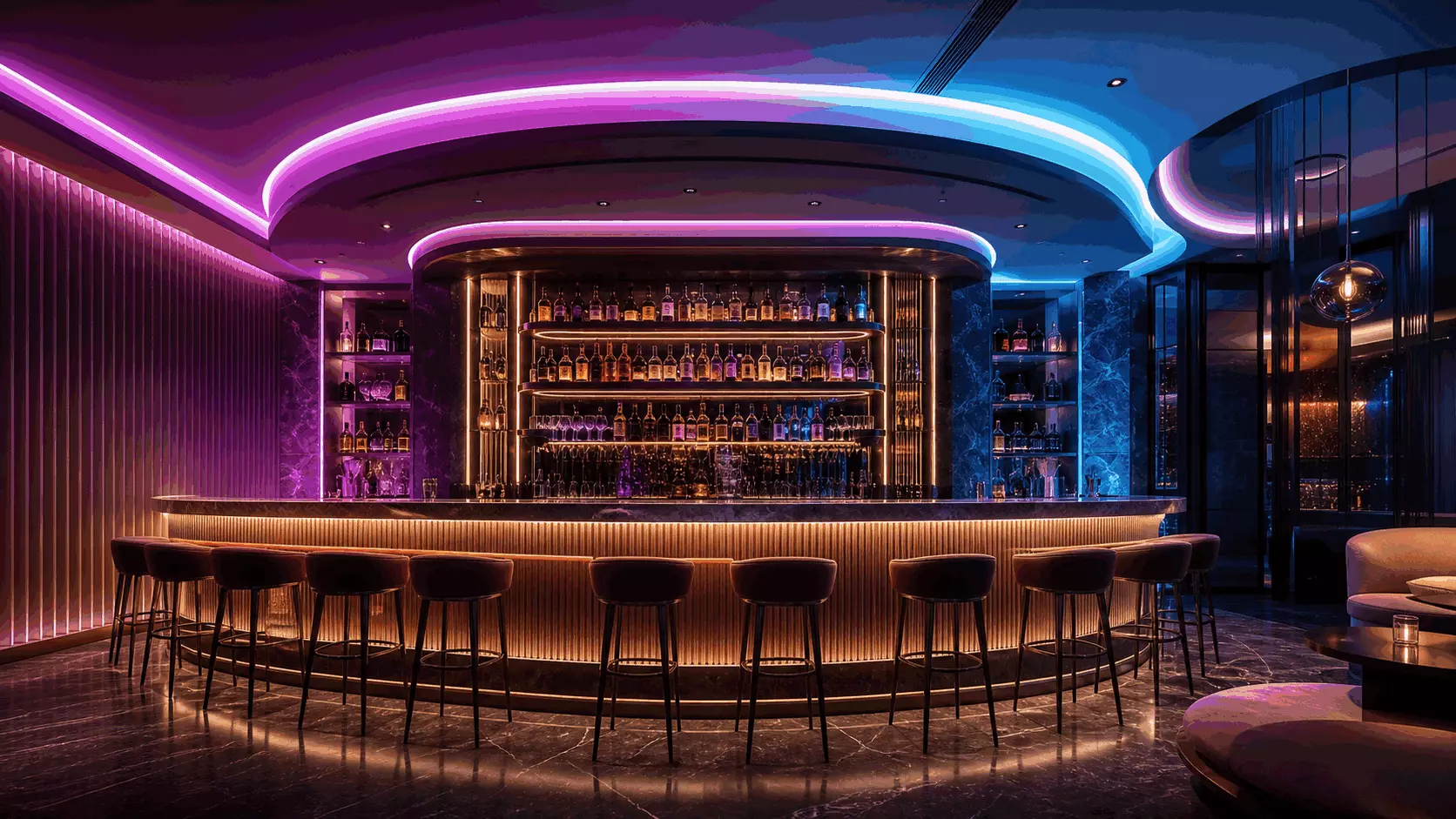 Luxury bar counter and ceiling decorated with color-changing DMX512 RGBW neon flex linear lights