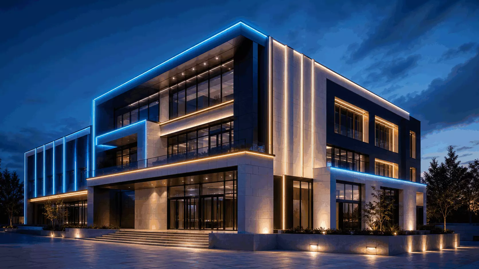 Modern building facade architectural lighting design using programmable DMX512 RGBW neon flex