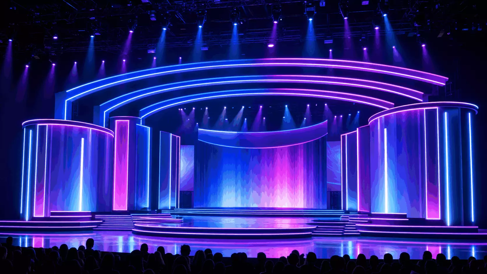 Professional stage background design with dynamic chasing effects using DMX512 RGBW neon flex