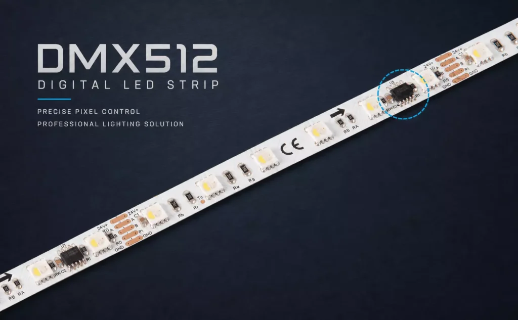 DMX512 RGBW silicone neon strip with addressable ICs for precise pixel control in DMX neon flex facade lighting projects.