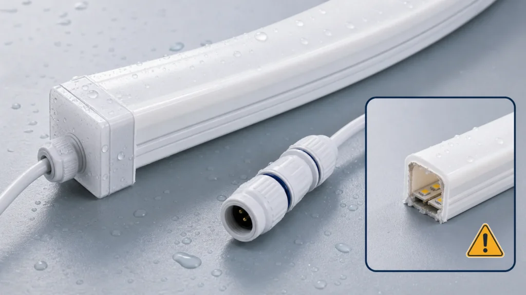 IP68 silicone neon flex with a sealed connector and end cap, contrasted with an unsealed cut end at risk of water ingress.