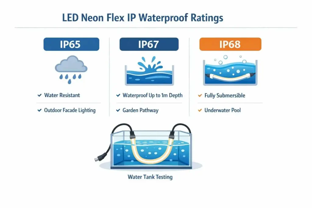 led-neon-flex-ip67-ip68-waterproof-rating-comparison » Custom LED Strip Lights Manufacturer | Silicone Neon Flex Supplier China LED neon flex IP65 IP67 IP68 waterproof rating comparison chart for outdoor lighting projects