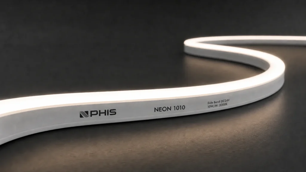 NPHIS side-bend silicone neon flex for architectural lighting, showing uniform 3000K light from a NEON 1010 profile.