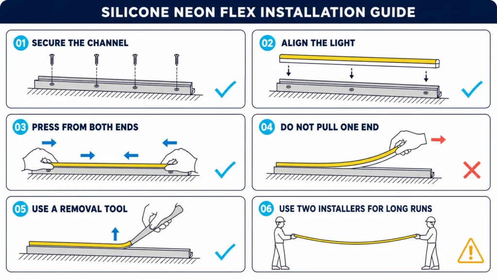 Silicone neon flex installation guide showing how to secure the mounting channel, align the light and avoid pulling from one end.