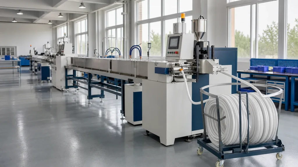 Concept illustration of a silicone neon flex extrusion production line producing continuous profiles for architectural lighting projects.