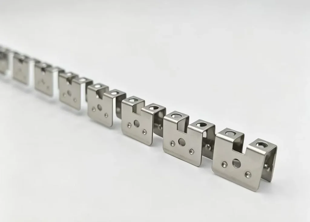 Stainless steel U-shape mounting clips for LED neon flex installation — used for securing top bend silicone neon flex on straight building facades and architectural contour lighting projects