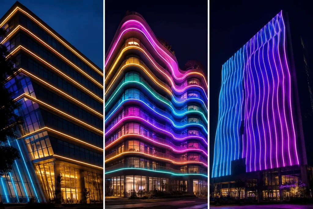 Comparison of top bend LED neon flex for straight building outline lighting (left) vs side bend silicone neon flex for curved architectural facade designs (center and right) — dot-free linear lighting solutions for commercial buildings