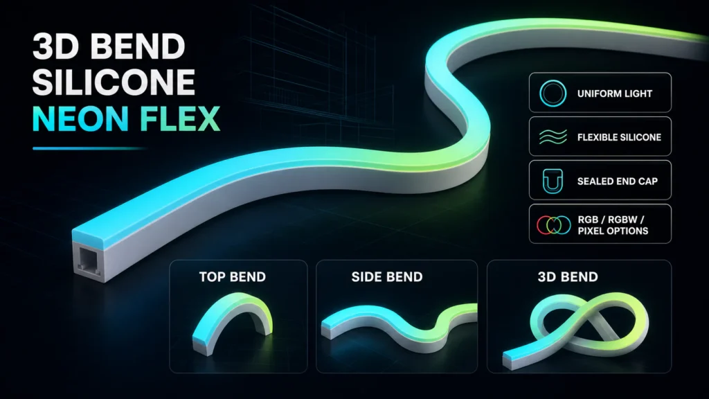 Top-bend, side-bend and 3D-bend silicone neon flex comparison for curved architectural lighting designs.