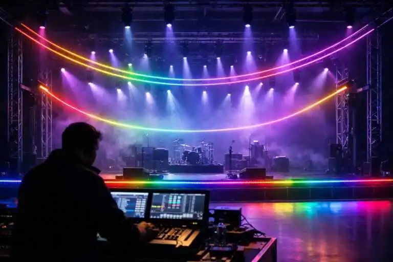ucs512h4l-addressable-led-strip-stage-installation-event-lighting1 » Custom LED Strip Lights Manufacturer | Silicone Neon Flex Supplier China » Custom LED Strip Lights Manufacturer | Silicone Neon Flex Supplier China UCS512H4L addressable LED strip installed on commercial stage after fixing addressable LED strip not lighting up DMX decoder issue