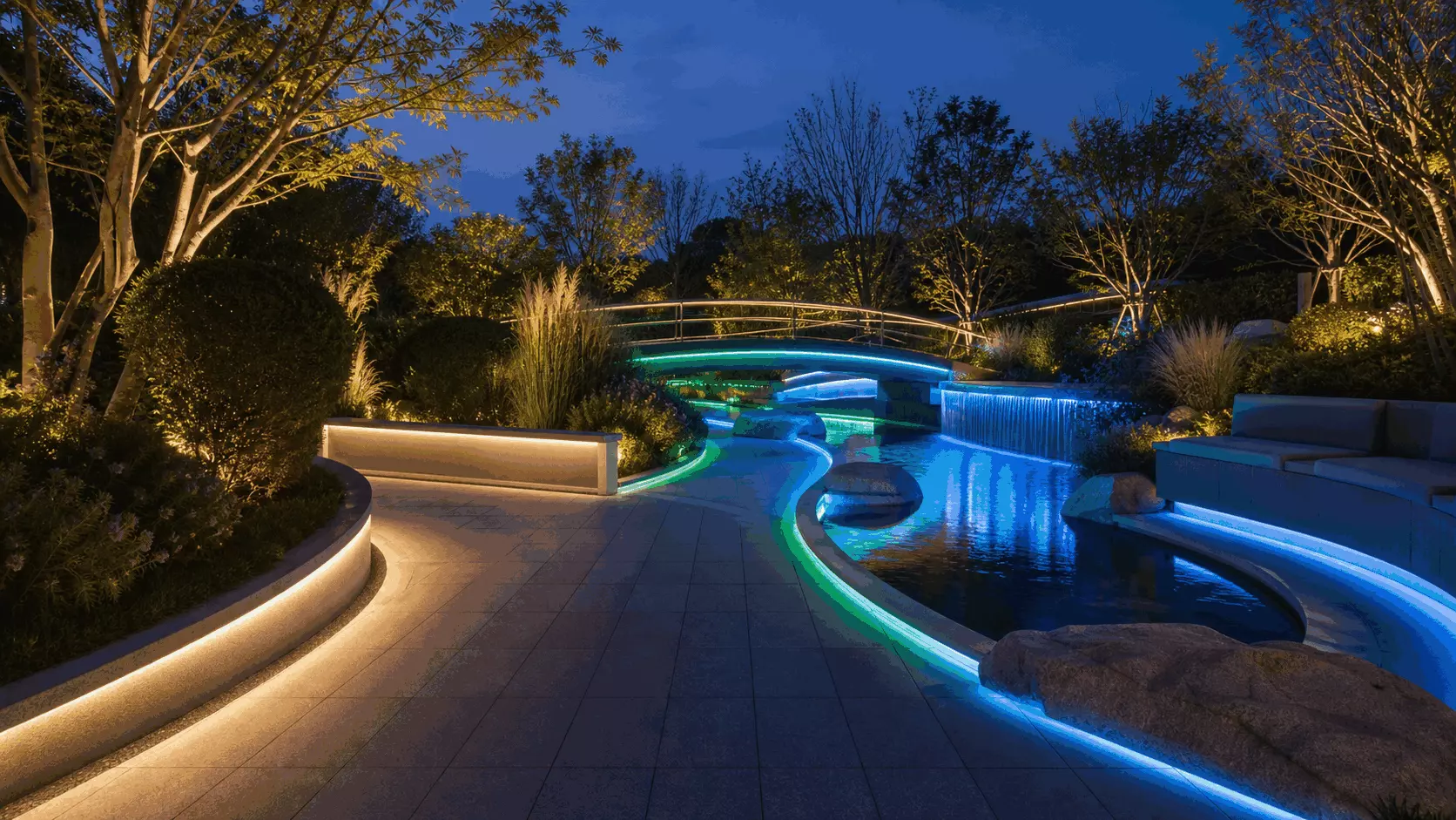 Waterproof DMX512 RGBW neon flex illuminating outdoor garden pathways and bridge landscape
