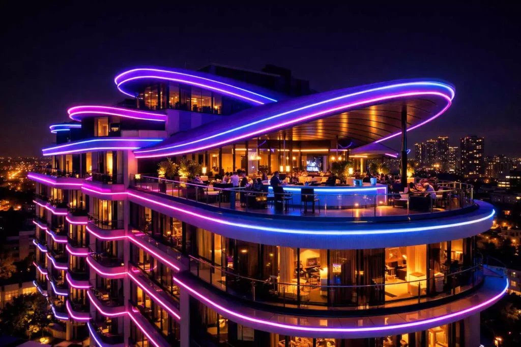 High-rise commercial building facade night lighting project using RGB silicone LED neon flex, curved flexible neon strip applied for exterior architectural decorative lighting effect