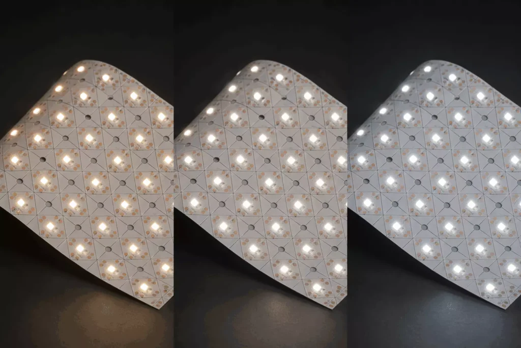 3 color temperature options 24V flexible led light sheet bendable test，warm‑neutral‑cool flexible led panel sheet comparison