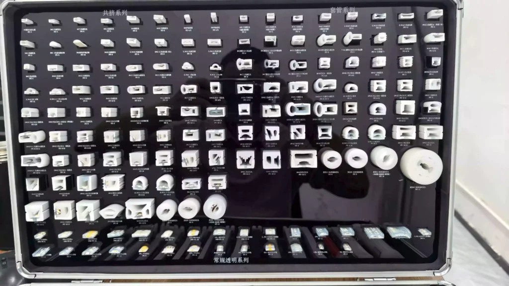 LED neon flex accessories sample box, extrusion profiles and sleeve housings for silicone neon flex installation