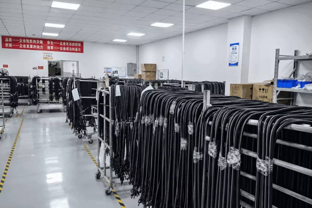 Silicone LED neon flex finished goods in factory warehouse, low‑voltage 12V 24V neon flex bulk production for commercial lighting projects