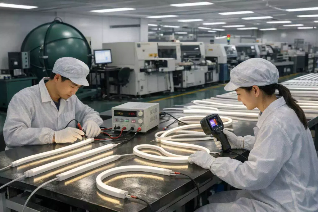 NPHIS factory testing 12V and 24V LED neon flex voltage drop brightness and temperature