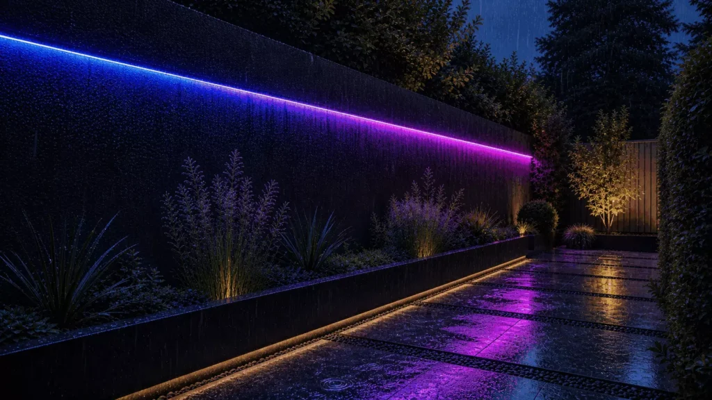 outdoor-garden-architectural-lighting-addressable-led-neon-flex-application » Custom LED Strip Lights Manufacturer | Silicone Neon Flex Supplier China Night outdoor courtyard architectural lighting effect of gradient-color addressable LED neon flex pixel lighting in rainy landscape scene