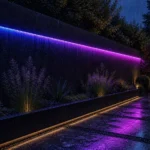 Night outdoor courtyard architectural lighting effect of gradient-color addressable LED neon flex pixel lighting in rainy landscape scene