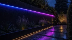 Night outdoor courtyard architectural lighting effect of gradient-color addressable LED neon flex pixel lighting in rainy landscape scene