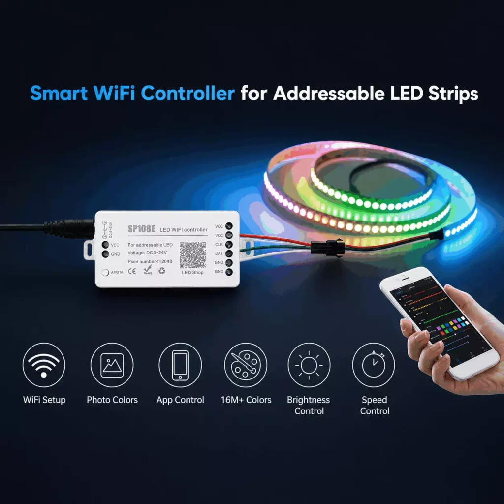 Smart WiFi SP108E controller for addressable LED neon flex pixel lighting, featuring photo color picker, brightness and speed adjustable functions