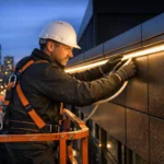 Contractor performing commercial LED neon installation on building facade using aluminum channels to prevent sagging