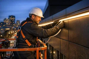 Contractor performing commercial LED neon installation on building facade using aluminum channels to prevent sagging