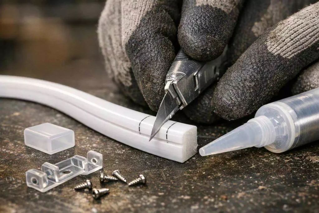 Cutting and sealing silicone neon flex with end cap and silicone glue during LED neon flex installation
