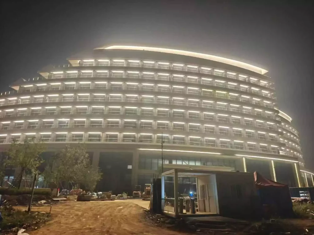 Hotel facade outline lighting installed with custom 24V silicone LED neon flex under a private label