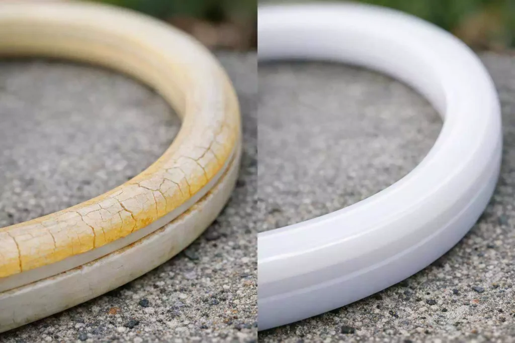 - `Aging comparison showing PVC neon flex turning yellow within months while anti-yellowing silicone LED neon flex keeps its white finish outdoors for years`