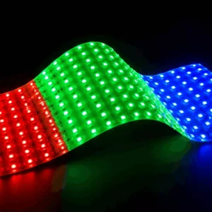 rgb-color-changing-flexible-led-panel-red-green-blue-light-box-backlight » Custom LED Strip Lights Manufacturer | Silicone Neon Flex Supplier China RGB color-changing flexible LED light sheet curved into a wavy layout showing red, green and blue sections, demonstrating SMD5050 RGB panel for advertising light boxes, display cabinets and indoor decorative backlighting.