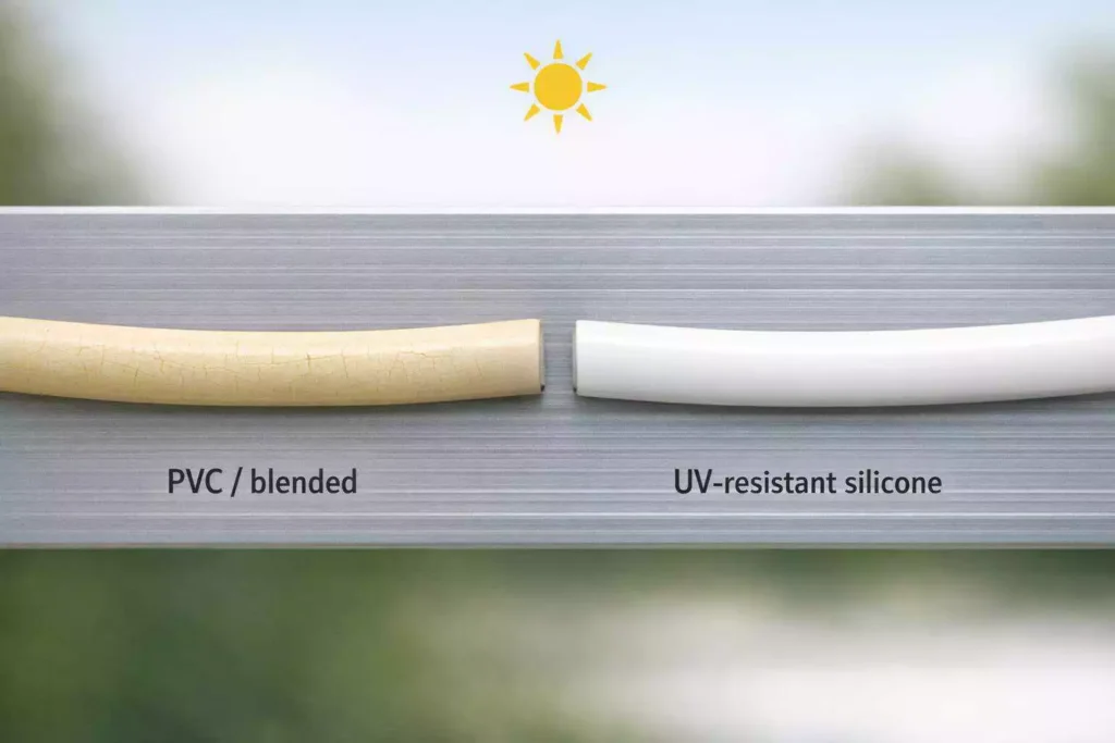 Side-by-side comparison of yellowed, cracked PVC or blended neon flex versus clean, white UV resistant silicone LED neon flex under sunlight, showing why silicone beats PVC for anti-yellowing outdoor signage.