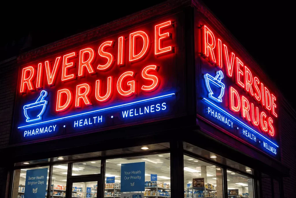 uv-resistant-led-neon-flex-outdoor-storefront-sign-pharmacy » Custom LED Strip Lights Manufacturer | Silicone Neon Flex Supplier China » Custom LED Strip Lights Manufacturer | Silicone Neon Flex Supplier China UV resistant LED neon flex forming bright red illuminated channel letters and blue pharmacy icon on a corner storefront outdoor signage at night, demonstrating long-lasting silicone neon flex for outdoor signs.