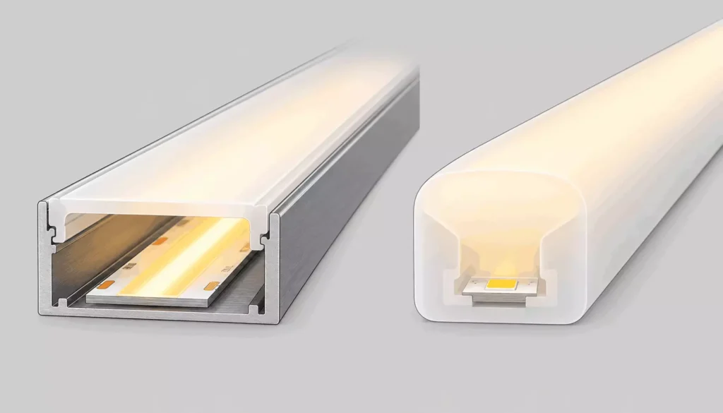 Cross-section and end view of an aluminum LED channel with a diffused plastic cover and LED strip inside.