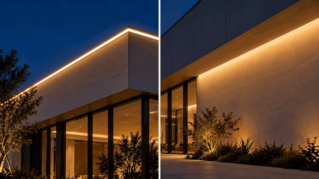 exposed-vs-concealed-linear-light-outdoor » Custom LED Strip Lights Manufacturer | Silicone Neon Flex Supplier China » Custom LED Strip Lights Manufacturer | Silicone Neon Flex Supplier China Two-panel night shot of a modern building with warm LED edge lighting, glass walls, and landscaped foregrounds nearby.