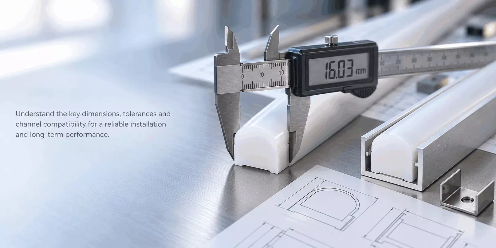 Digital caliper measuring silicone LED neon flex, aluminum channel and engineering drawing for dimension tolerance check