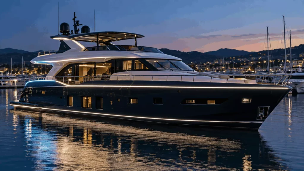 luxury-yacht-exterior-led-neon-flex-lighting-night-view » Custom LED Strip Lights Manufacturer | Silicone Neon Flex Supplier China » Custom LED Strip Lights Manufacturer | Silicone Neon Flex Supplier China Luxury motor yacht at marina night view, LED neon flex strip lighting installed on yacht hull exterior for marine accent lighting