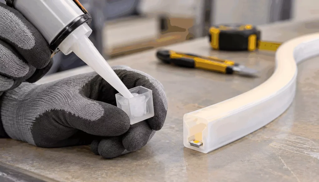 Gloved hands apply glue to a small square LED module during LED strip assembly on a workshop table with tools in the background, including a white LED channel piece.