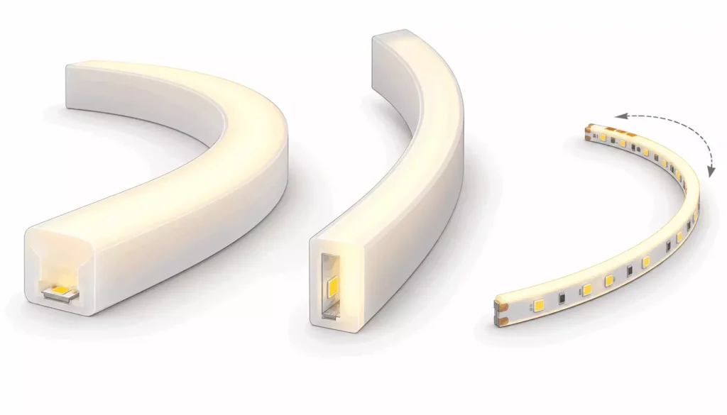 neon-flex-top-bend-side-bend-vs-flat-cob-bend-plane » Custom LED Strip Lights Manufacturer | Silicone Neon Flex Supplier China » Custom LED Strip Lights Manufacturer | Silicone Neon Flex Supplier China Flexible LED strip light being bent into a curved shape with end caps, showing how it can form curved installations.