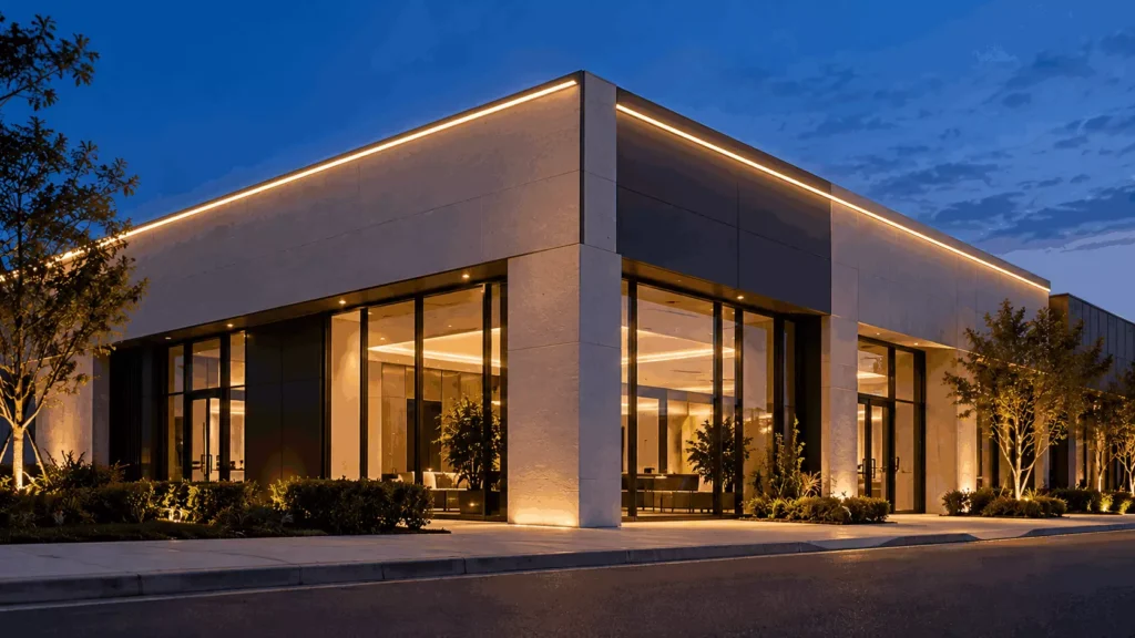 ob-vs-neon-flex-outdoor-hero » Custom LED Strip Lights Manufacturer | Silicone Neon Flex Supplier China » Custom LED Strip Lights Manufacturer | Silicone Neon Flex Supplier China Immeuble de bureaux moderne aux façades de verre au crépuscule, avec un éclairage extérieur chaleureux et une façade paysagée.